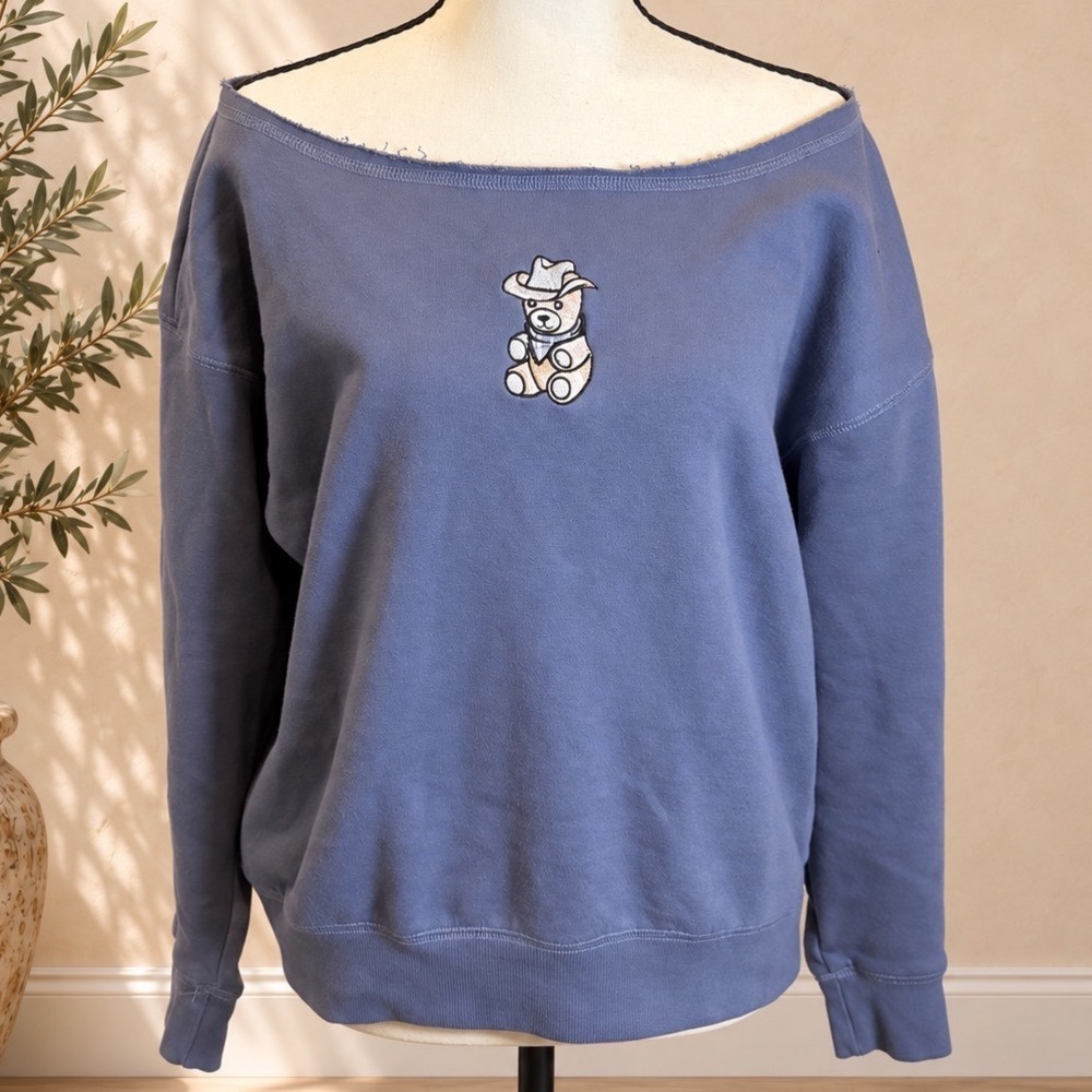 Aeropostale Womens XS Blue Cowboy Bear Embroidered Off Shoulder Sweatshirt